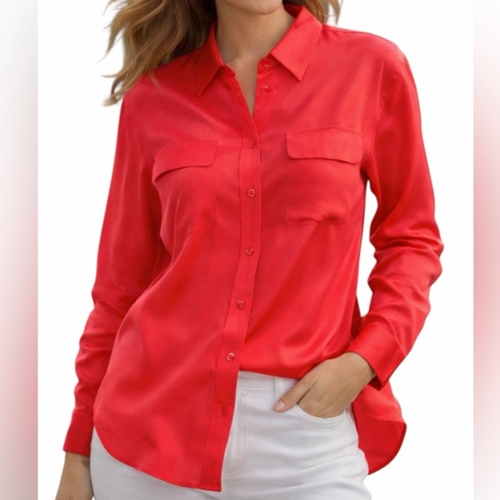 Equipment coral silk long sleeve button down shirt
